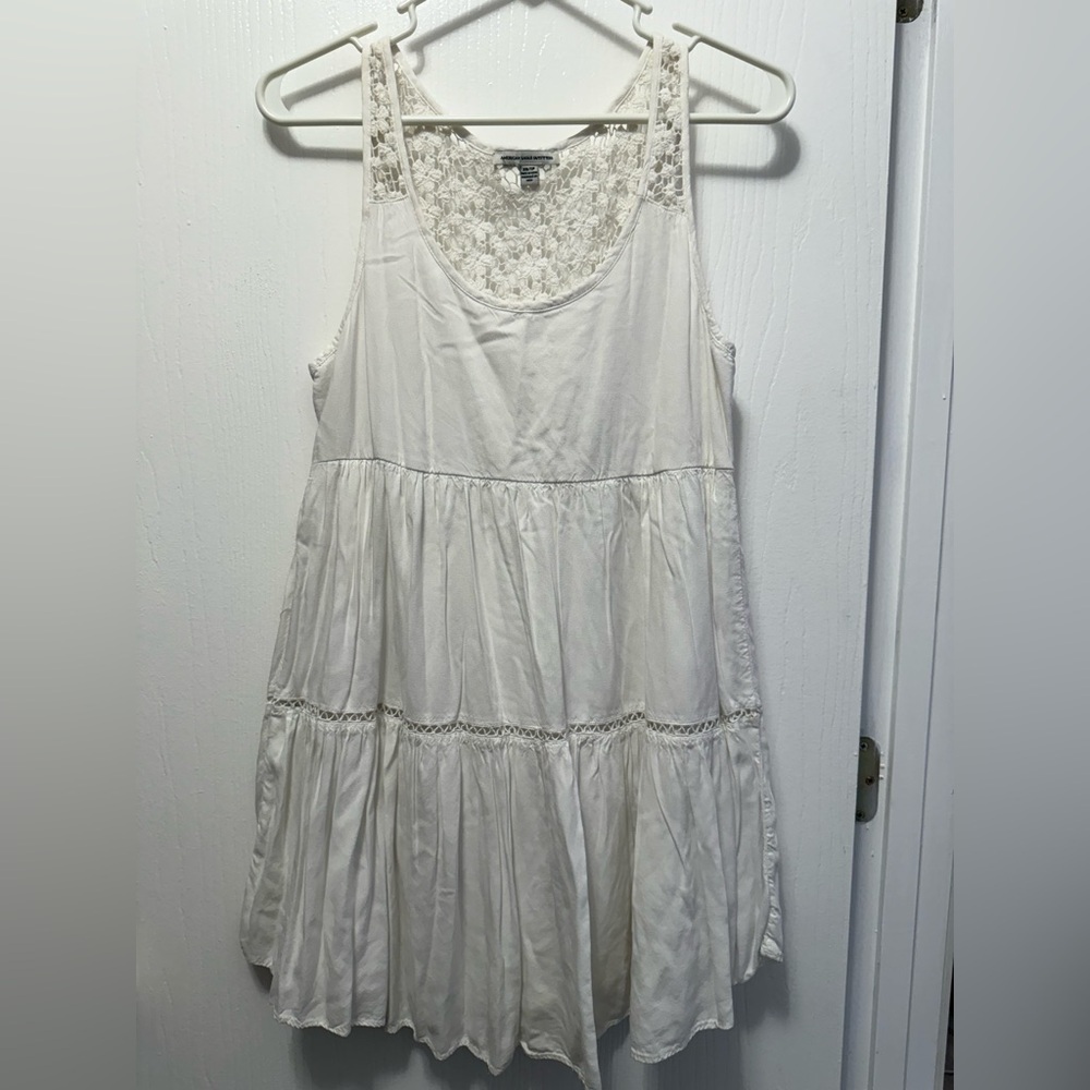 American Eagle Babydoll White Sleeveless Boho Mini Dress Lace Upper Back Size XS